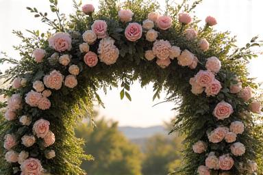 Arco floral para boda con rosas, peonías y vegetación