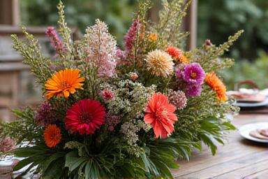 Arreglo de centro de mesa para eventos con flores silvestres y follaje exótico