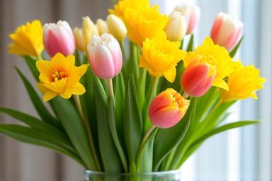 Arreglo floral de primavera con tulipanes y narcisos