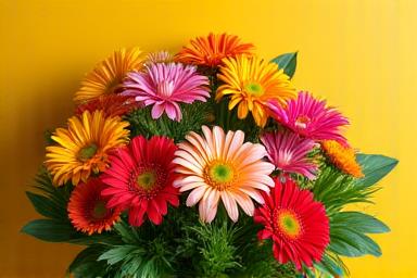 Bouquet de cumpleaños vibrante con gerberas y follaje verde