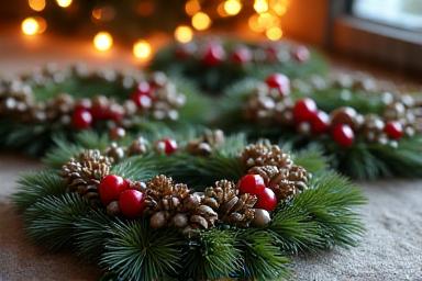 Coronas de Navidad artesanales con piñas y bayas rojas