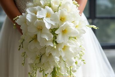 Ramo de novia en cascada con orquídeas y lirios