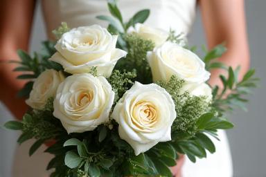 Ramo de novia clásico con rosas blancas y eucalipto