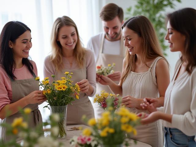 Grupo de personas felices participando en un taller de arreglos florales