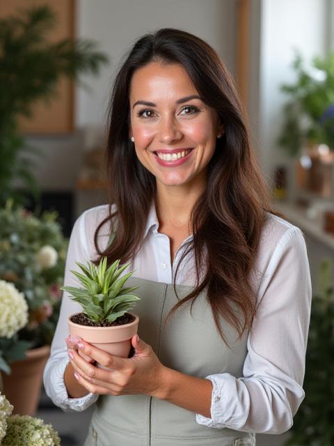 Retrato de Carolina, sonriendo mientras sostiene una planta suculenta en un taller floral.