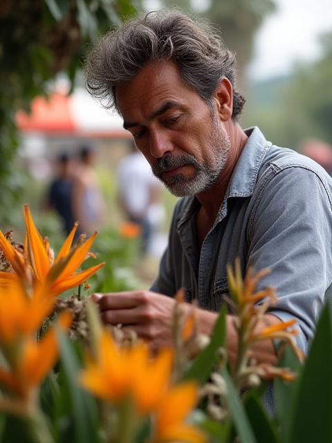 Retrato de Juan, florista con conocimientos botánicos, inspeccionando flores frescas en un mercado.