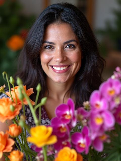 Retrato de Sofía, florista apasionada, sonriendo entre flores vibrantes.