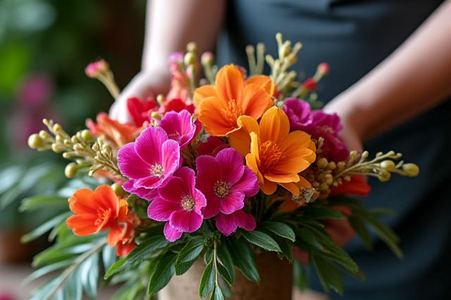 Manos de florista creando un arreglo floral con flores exóticas de Colombia.