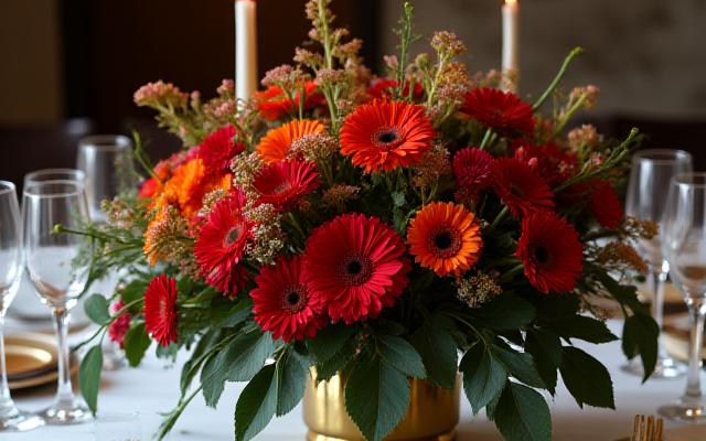 Centro de mesa floral con velas y follaje de eucalipto, estilo elegante.