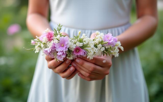 Mujer sonriendo mientras sostiene una corona floral de flores delicadas.